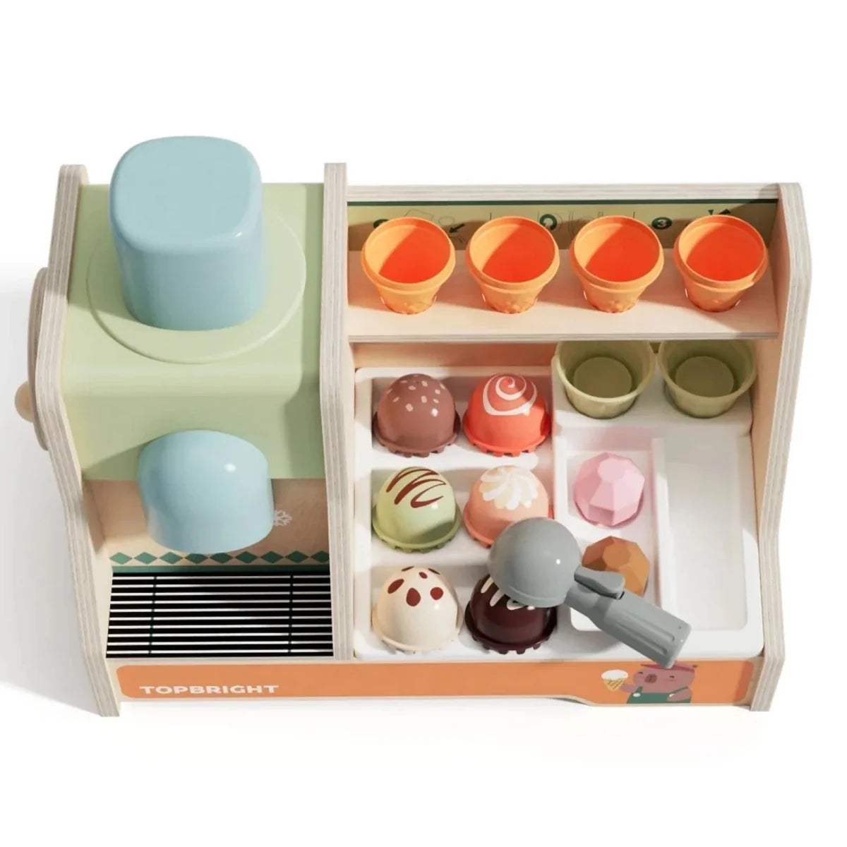 Wooden ice cream machine with open compartments of teal cups and assorted toppings