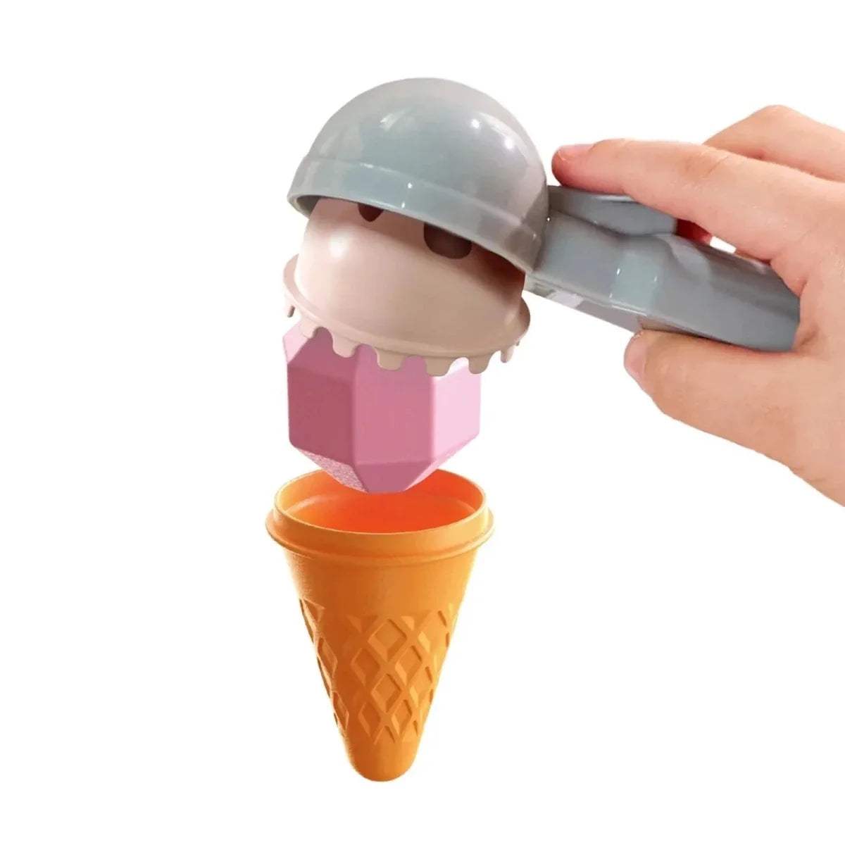 Manual ice cream scoop head filling an orange cone with pink scoop toy