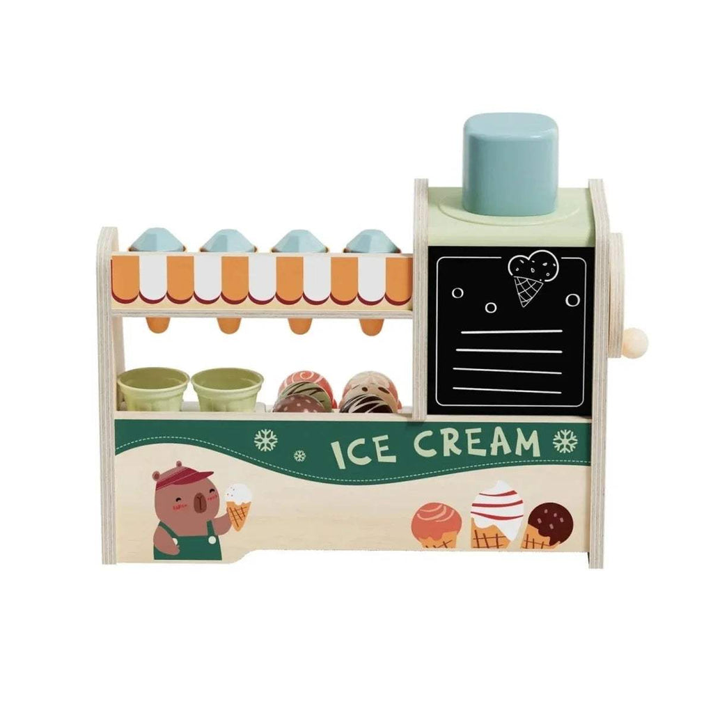 Wooden ice cream machine play set with stand and scoop dispenser, colorful ice cream graphics