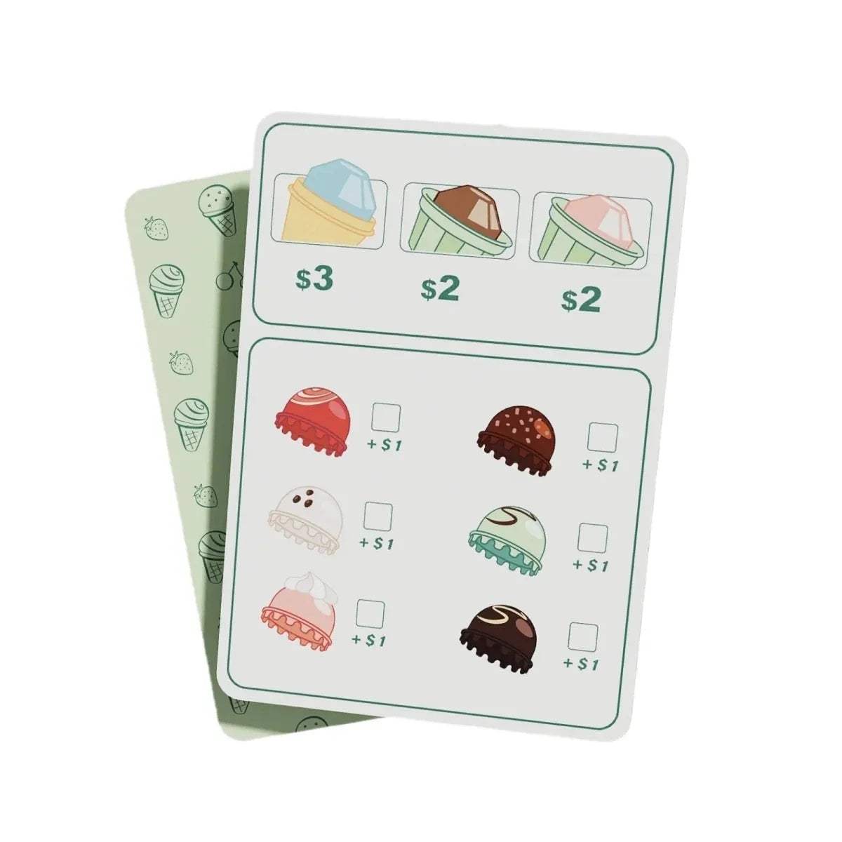 Ice cream play set menu board with priced items and illustrated scoops