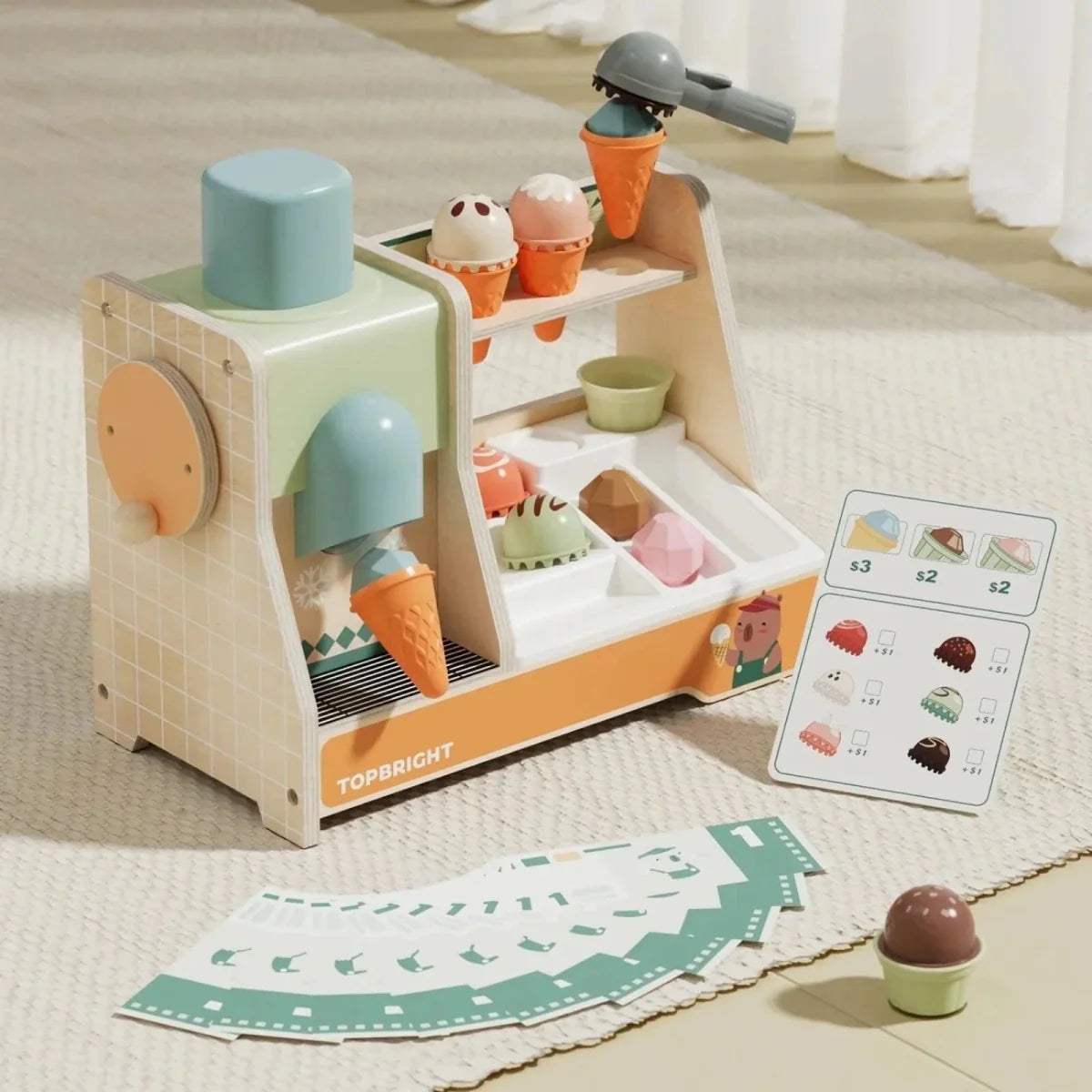 Topbright wooden ice cream machine play set with side dispenser and cone accessories