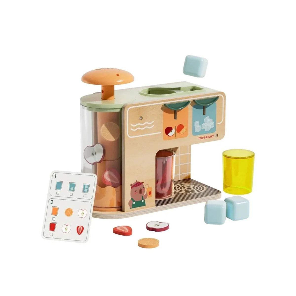 Wooden juice kiosk play set with press top, clear chamber, and colorful cups