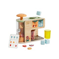 Wooden juice kiosk play set with press top, clear chamber, and colorful cups