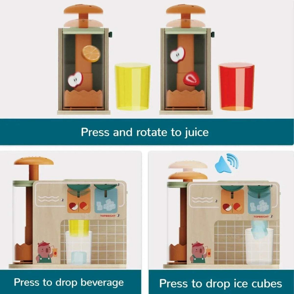 Wooden juice kiosk play set with drink doors, yellow and red cups, and ice pieces