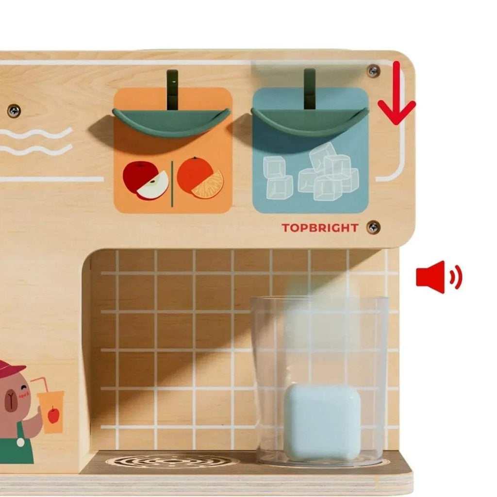 Wooden juice kiosk front view with ice-cube trays and clear beverage chamber
