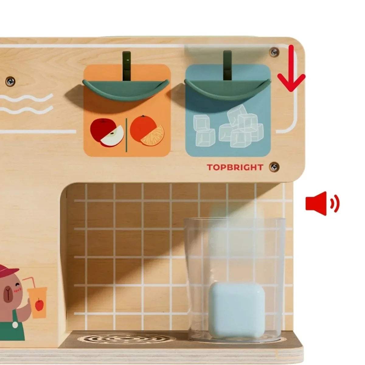 Wooden juice kiosk front view with ice-cube trays and clear beverage chamber