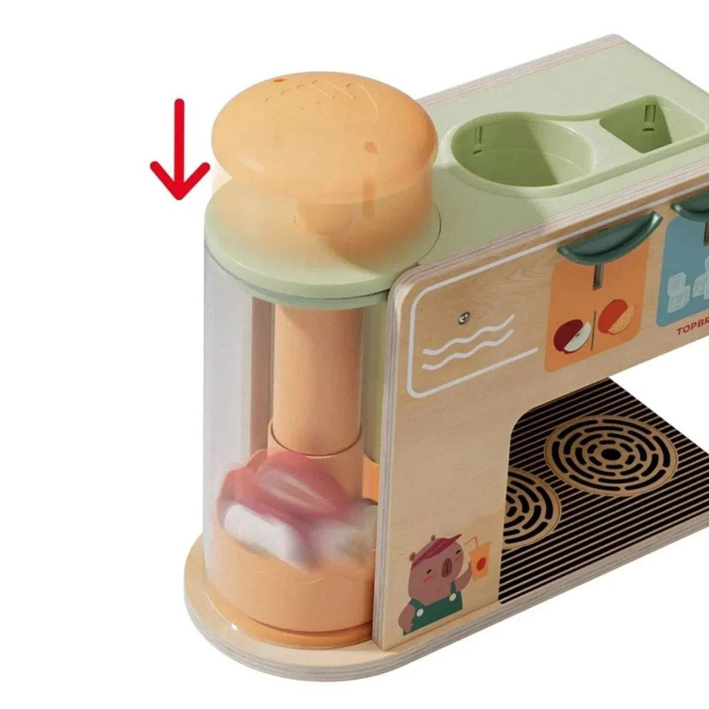 Wooden juice kiosk side view with orange press knob and pale ice cubes