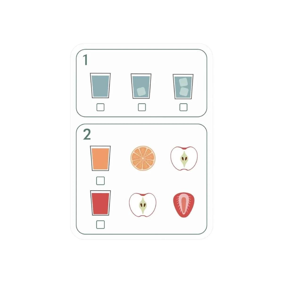 Juice kiosk instruction card showing step 1 and step 2 with drink icons