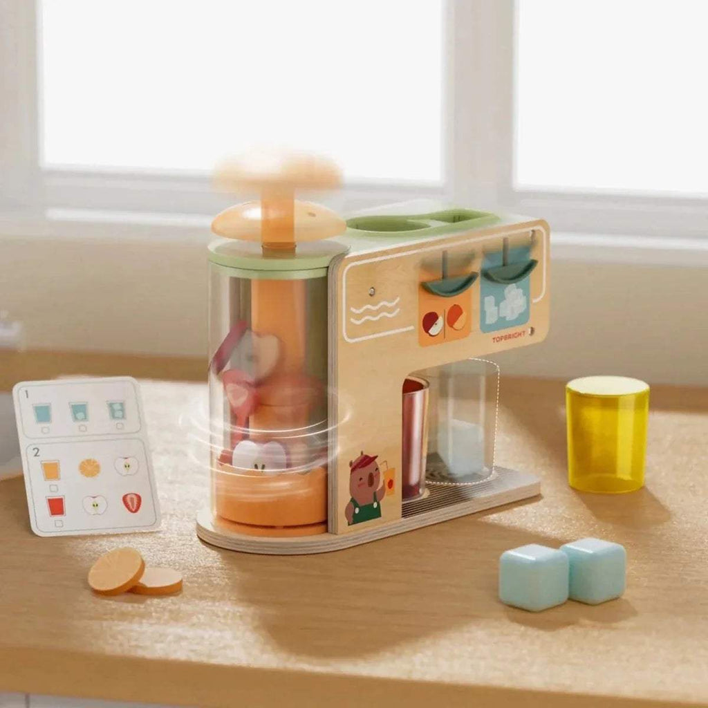 Wooden juice kiosk with yellow cup, red container, clear chamber, and pale ice cubes