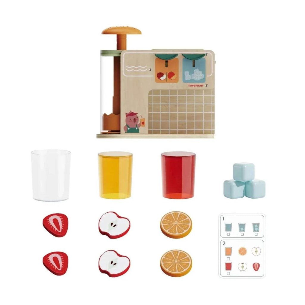 Wooden juice boutique play set with dispenser, cups, juice canisters, fruit pieces