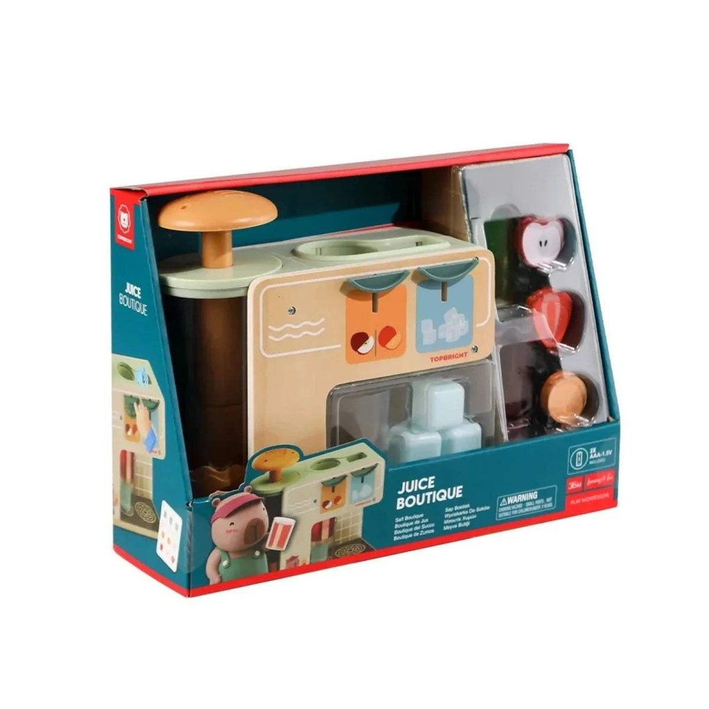 Boxed wooden juice boutique play set toy with accessories, cups, and juice canisters