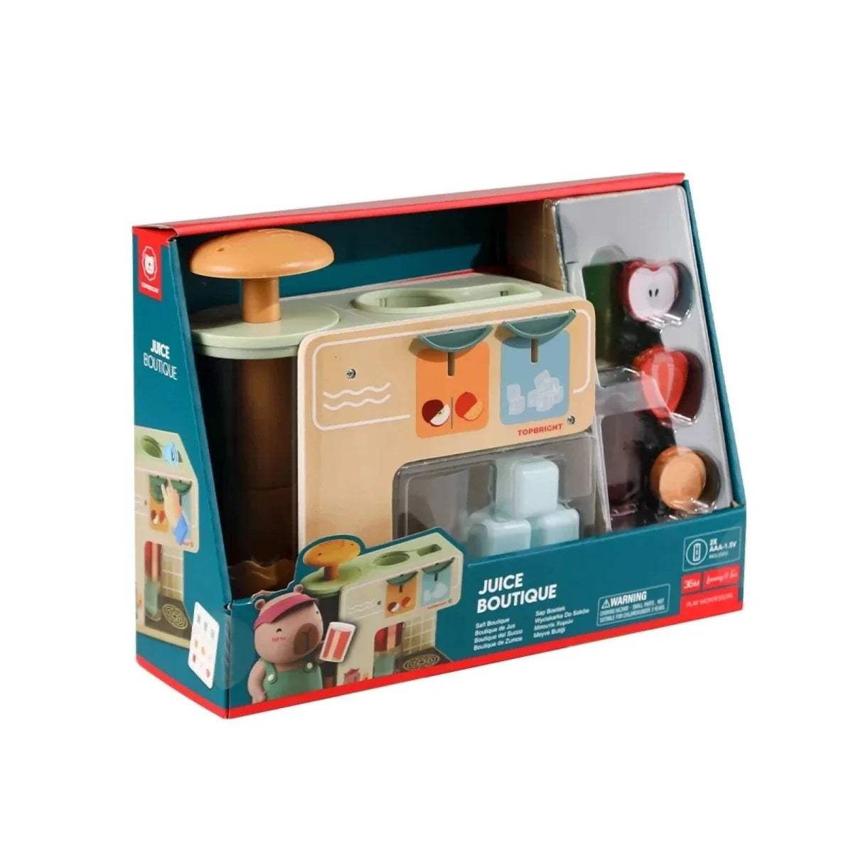 Boxed wooden juice boutique play set toy with accessories, cups, and juice canisters