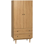 Natural wood wardrobe cabinet with two doors and two drawers, black knobs