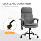 Grey office chair with 360° swivel base, armrests, and rolling casters.