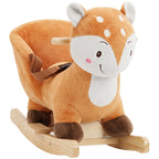Brown plush rocking horse with deer face, ears, and wooden rocker base