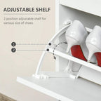 Adjustable shoe shelf inside a white cabinet for two height positions.