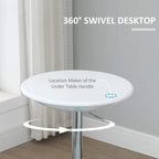 White round bar table with under-table swivel ring and silver pedestal leg