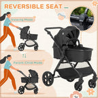 Black stroller with reversible seat for parent-child and forward viewing modes
