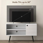 White TV stand with striped door and open shelves, sized to fit up to 50-inch TVs.