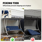 Dark blue bench cushion with securing ties to help prevent shifting