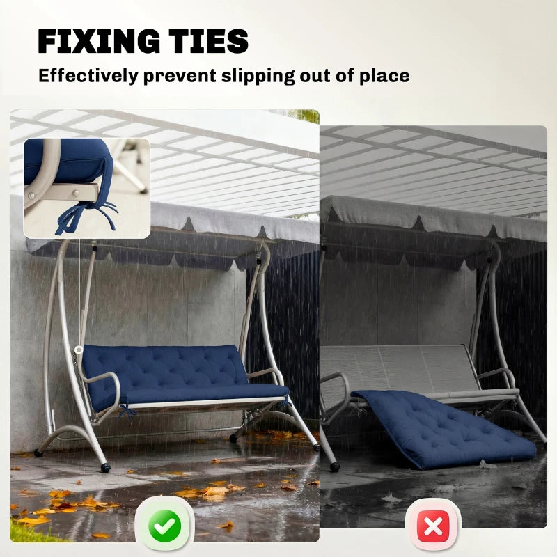 Dark blue bench cushion with securing ties to help prevent shifting