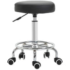 Black round padded rolling stool seat with height-adjustable chrome gas lift and caster wheels