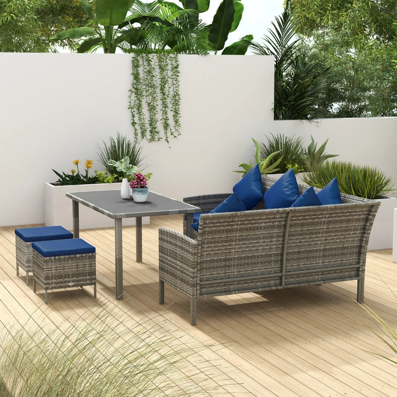 5 Pieces Rattan Garden Furniture Set with Dining Table, Cushions - Dark Blue