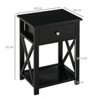 Black end table with drawer and lower shelf, X-frame supports, square top
