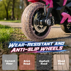 Front wheel of pink and black kids 3-wheel ride-on motorcycle with anti-slip tire tread.
