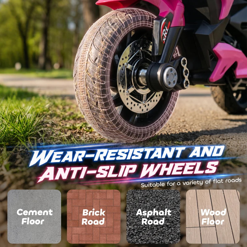 Front wheel of pink and black kids 3-wheel ride-on motorcycle with anti-slip tire tread.