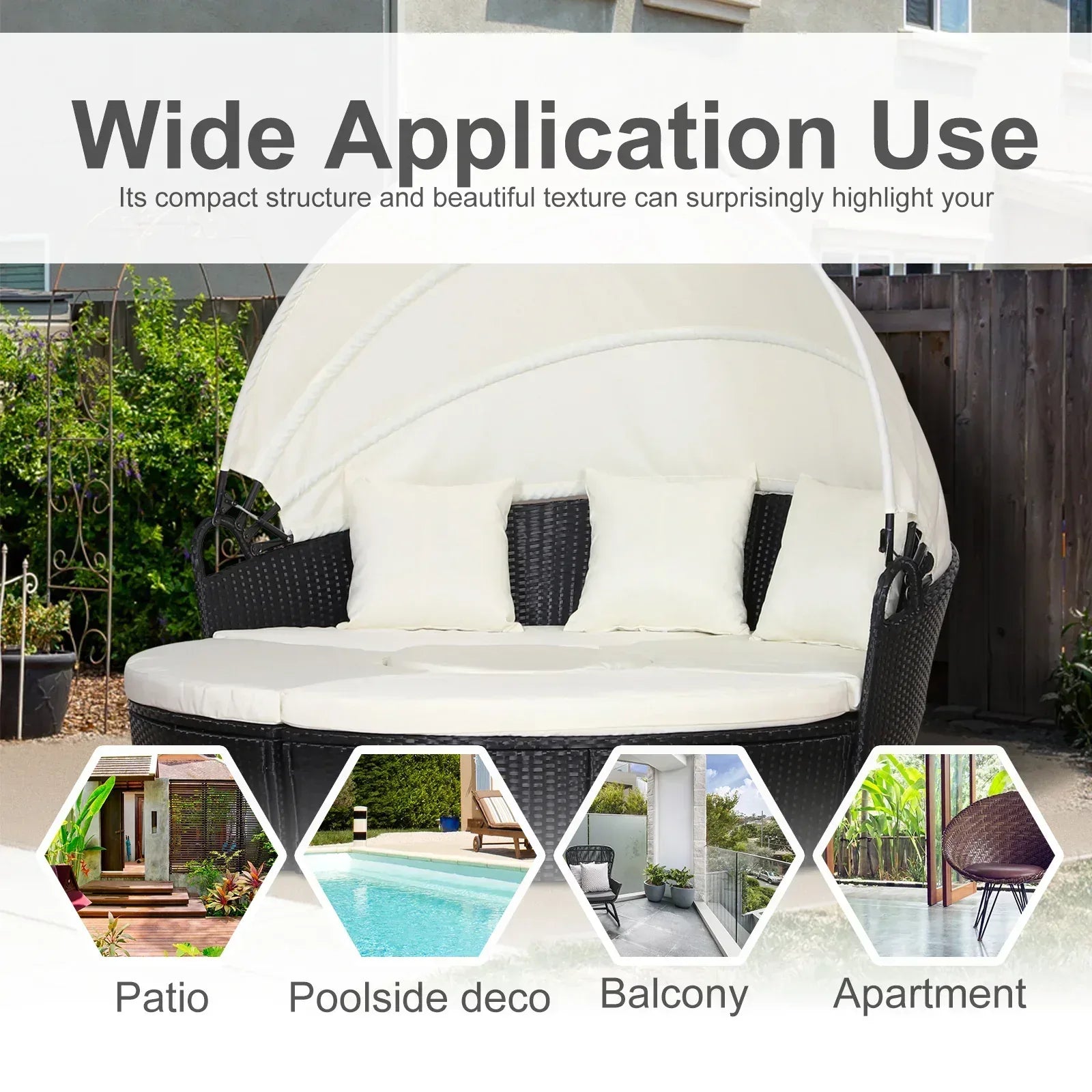 Five-Piece Rattan Garden Bed, with Canopy - Black/White - Bobobiy