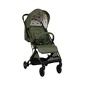 Olive green stroller with patterned canopy, harness straps, and front swivel wheels