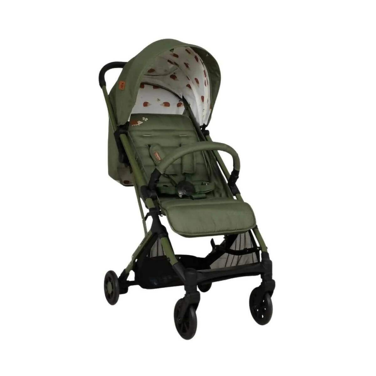Olive green stroller with patterned canopy, harness straps, and front swivel wheels
