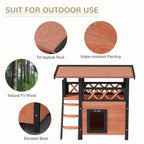 Outdoor cat house with asphalt roof and water-resistant wood finish; dark frame and door