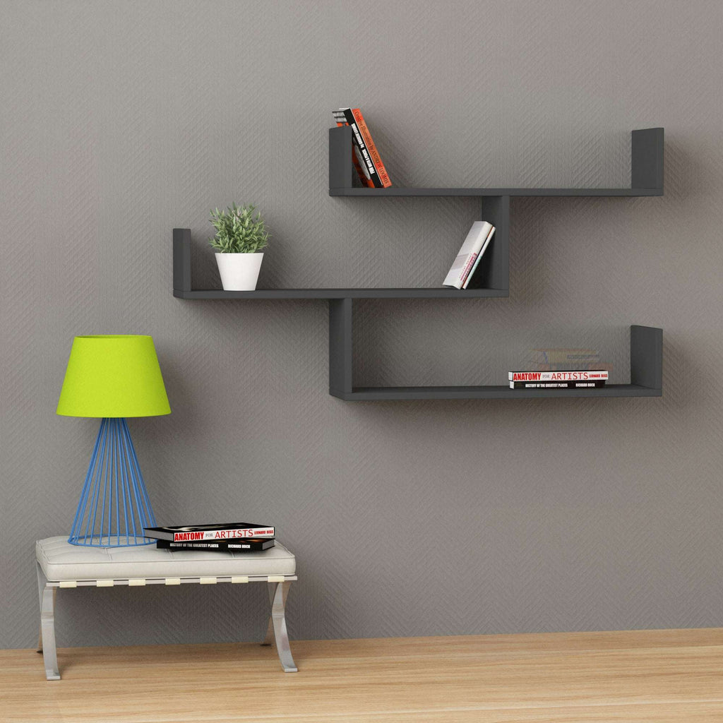 Dark grey floating wall shelf unit with three open compartments