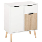 White sideboard floor cabinet with drawer, wood-front panel doors, and tapered wood legs.