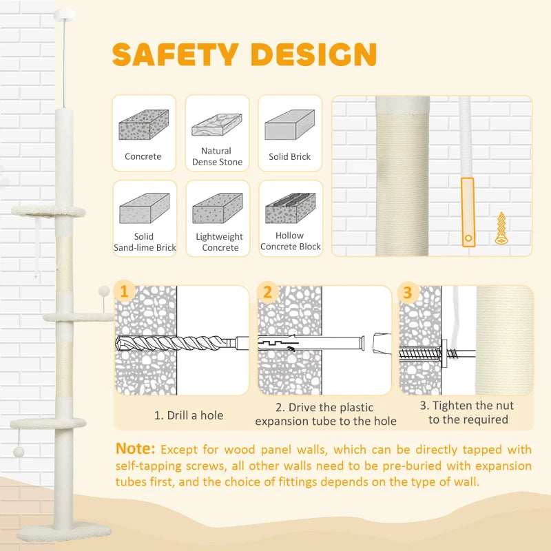 Beige cat tower with sisal scratching posts and wall-mount installation parts for safety