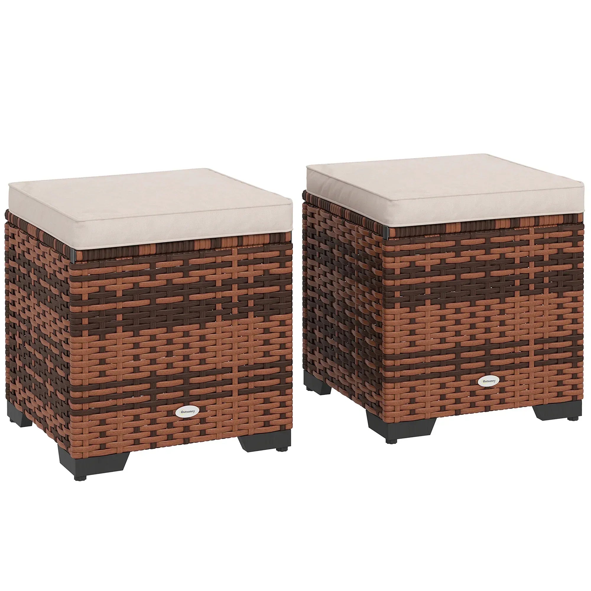 Set of 2 Rattan Storage Ottoman, Outdoor Footstool with Removable Cushions, Garden Storage Seat for Balcony, Porch, Living Room, Beige - Bobobiy