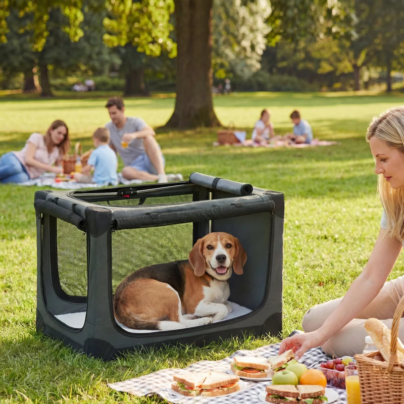 Soft-sided pet travel crate with front mesh window and dog sitting inside, army green