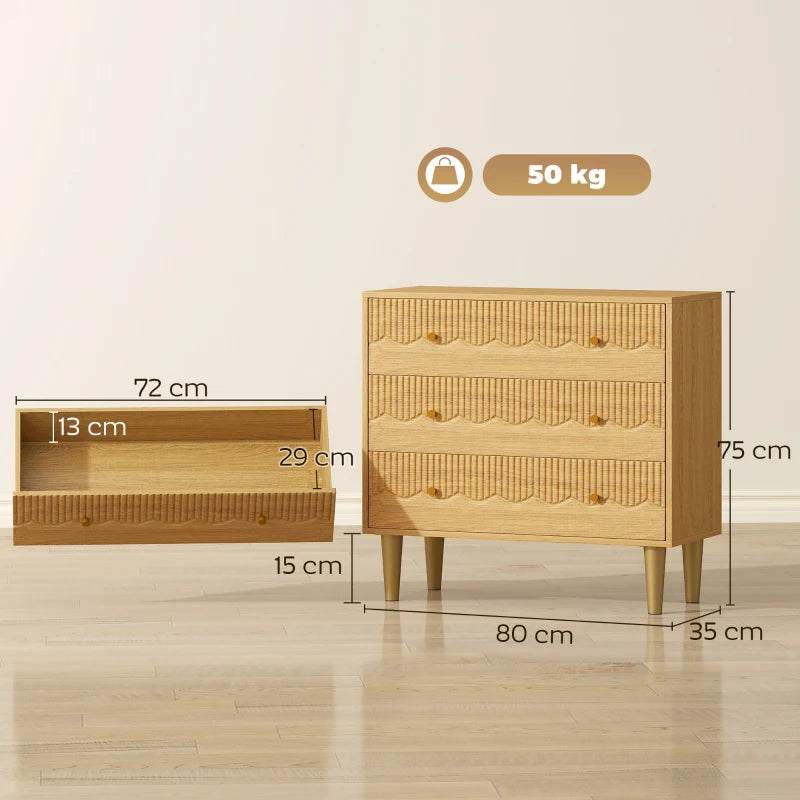 Oak 3-drawer dresser chest showing open drawer and side dimensions, on gold legs