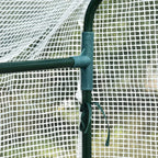 Walk-in greenhouse frame corner with dark green pole and mesh cover attachment
