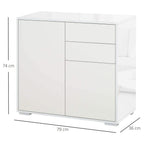 White sideboard cabinet front with two doors and two drawers, with size markings