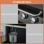 Black grill detail showing anti-scald handle and hanging grease drip cup