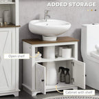 White bathroom under-sink cabinet with open shelf and doors revealing interior compartments