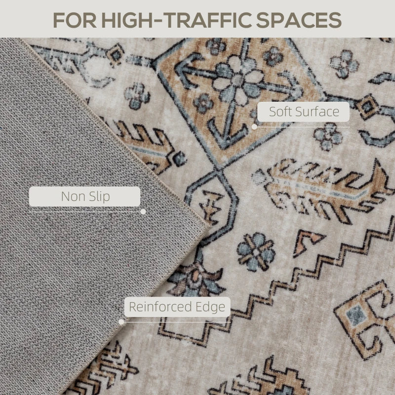 Beige rug corner close-up with geometric floral pattern and textured non-slip backing