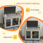 Grey indoor dog kennel shown in room from different angles, multi-use design with cushion