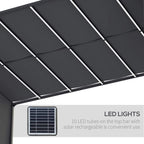 Dark grey pergola retractable roof panels with solar LED tubes along the top bar