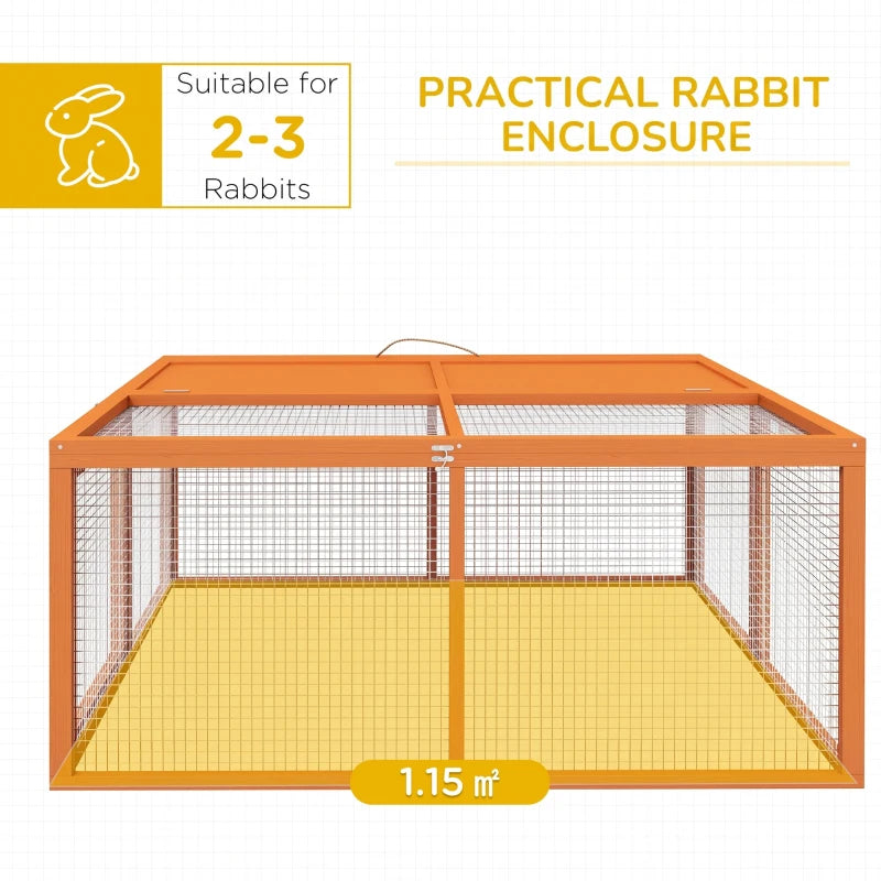 Orange wooden rabbit hutch with wire mesh walls, inner partition, and floor tray.