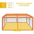 Orange wooden rabbit hutch with wire mesh walls, inner partition, and floor tray.