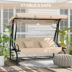 Three-person swing chair with steel frame, beige cushions, and side cup holder